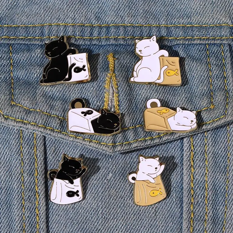 Black White Cats and Food Enamel Pins Custom Kitten Animal Brooches Lapel Badges Cool Fun Jewelry Gift for Kids Friends