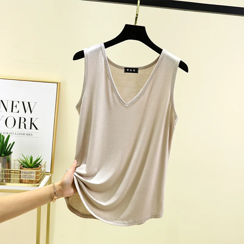 Summer 2026 Women's Modal Thin Strap Vest Large V-neck Sleeveless Base Shirt Pure Color Top Versatile Casual Loose Fit