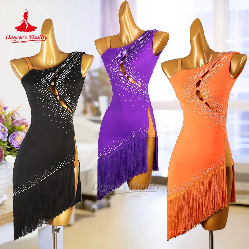 

Latin Sleeveless Tassels Inclined Lower Hem Dresses Adult Chacha Samba Practice Dance Sexy Clothes Customize Dancer's Vitality