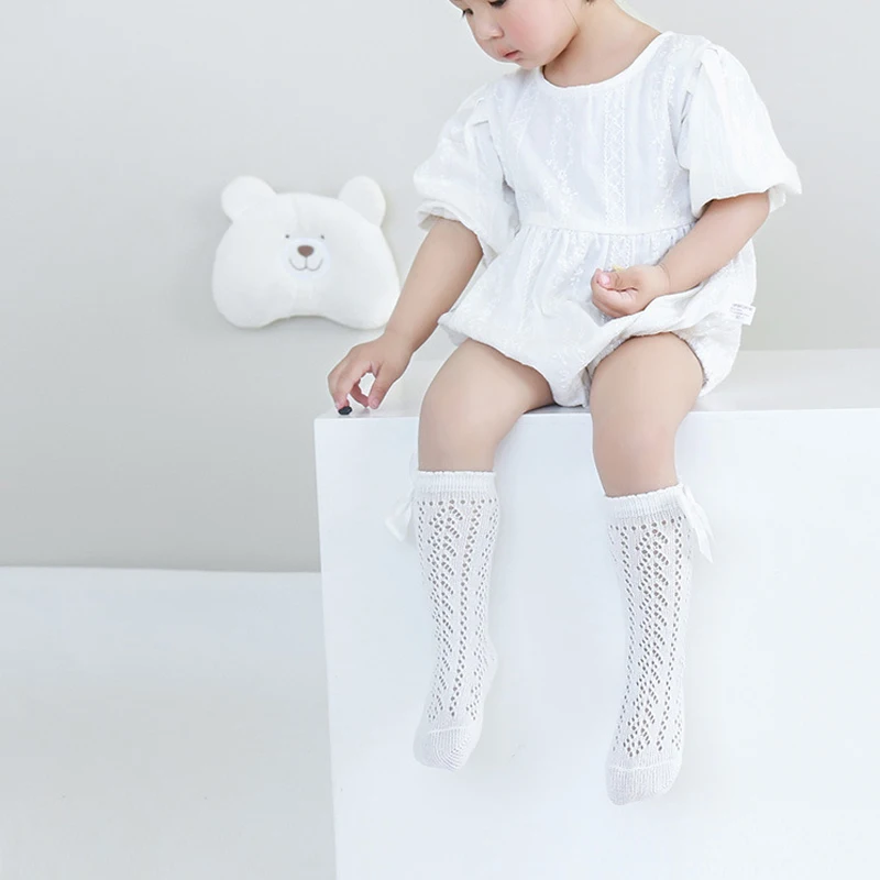 Children Stockings Baby Breathable Mesh Stockings Solid Color Baby Stockings Bow Mid Tube Stockings
