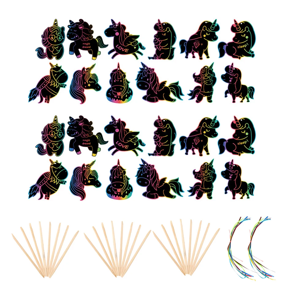 

2 Sets Unicorn Scratch Painting Kit Colorful DIY Cards Paper Art Craft Wooden Sticks Kids Safe Portable Outdoor Travel Fine