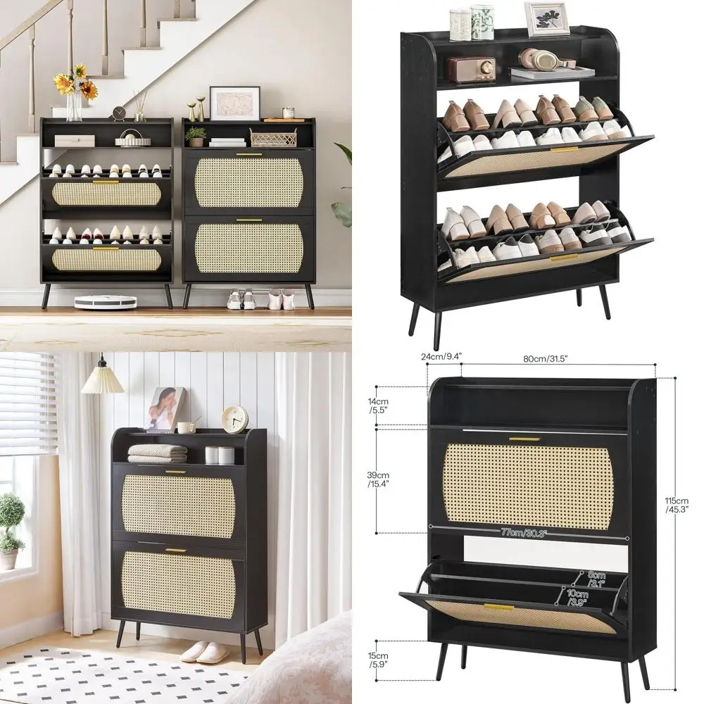 

Black Entryway Shoe Organizer with 2 Drawers and Adjustable Shelves