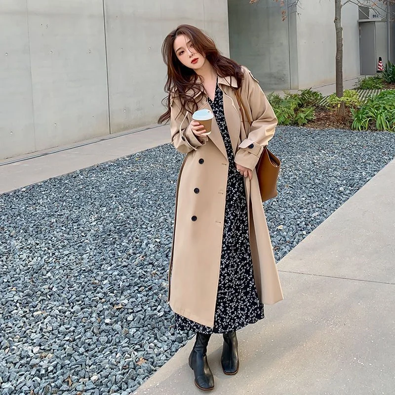 Streetwear Loose Trench Coat Midi Length Fashion Korean Elegant Khaki Black Women\'s Windbreaker Coat Casual Double Breasted Tops