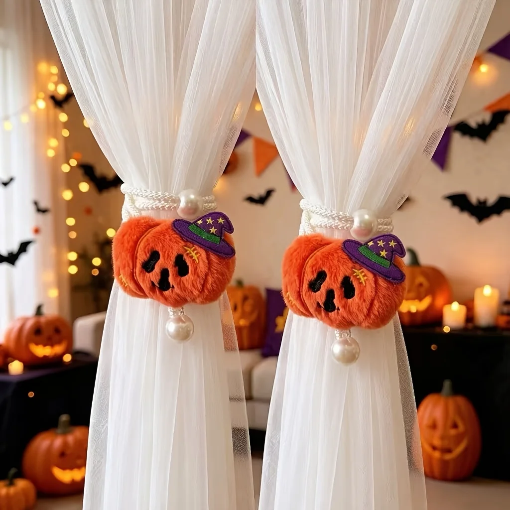 2pcs Cute Halloween Plush Pumpkin Curtain Tiebacks with Pearl Beads Holiday Window Drapery Holdbacks for Home Party Decor