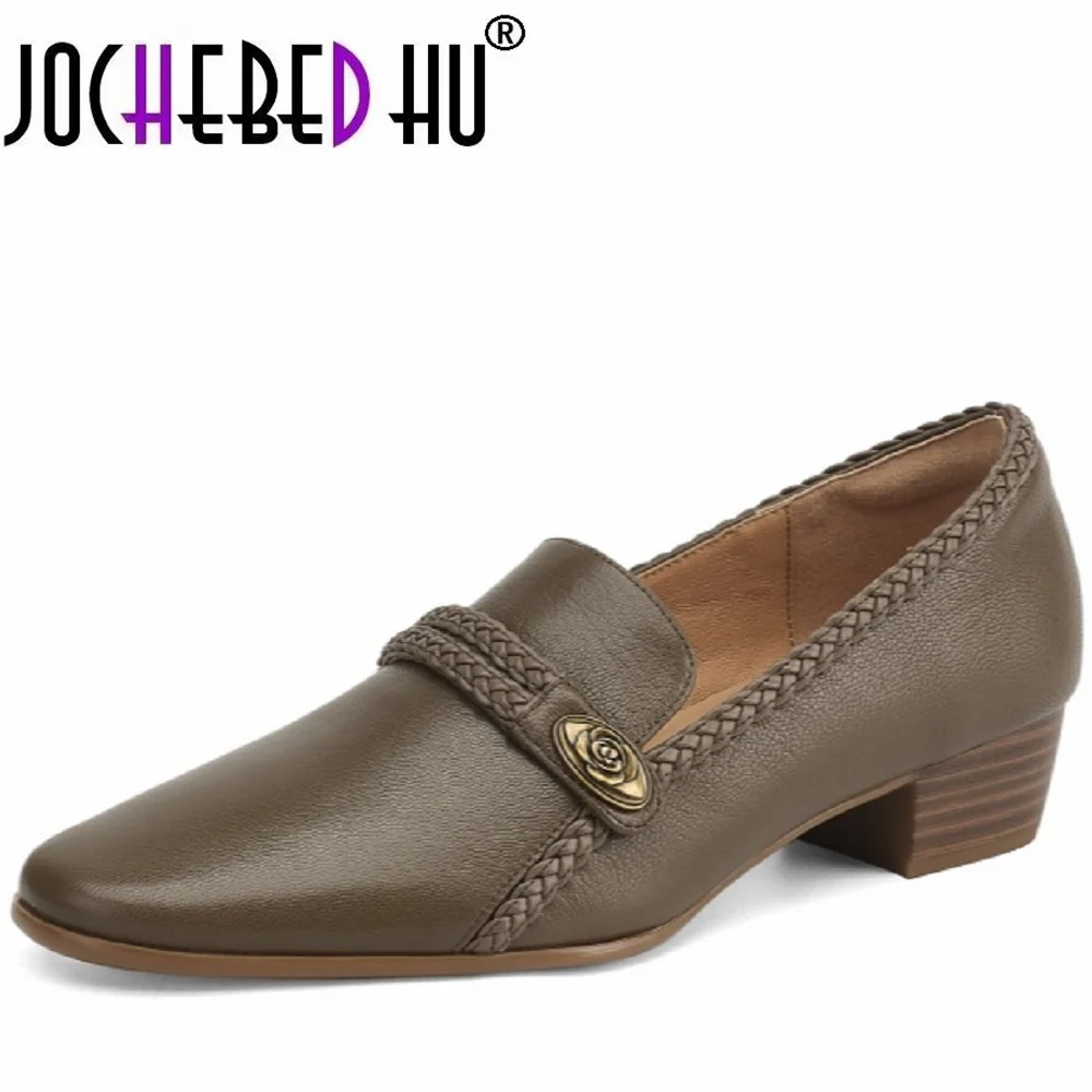 【JOCHEBED HU】Women Handmade Genuine Leather Mid  Heel Loafer Round Toe with Braided Detail Metal Decoration Classy Elegant 34-40