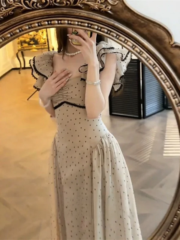 Novo Vestido Longo Feminino de Verão com Estampa de Bolinhas, Design Elegante com Babados, Camadas e Cintura Alta, Estilo Vintage para o Dia a Dia