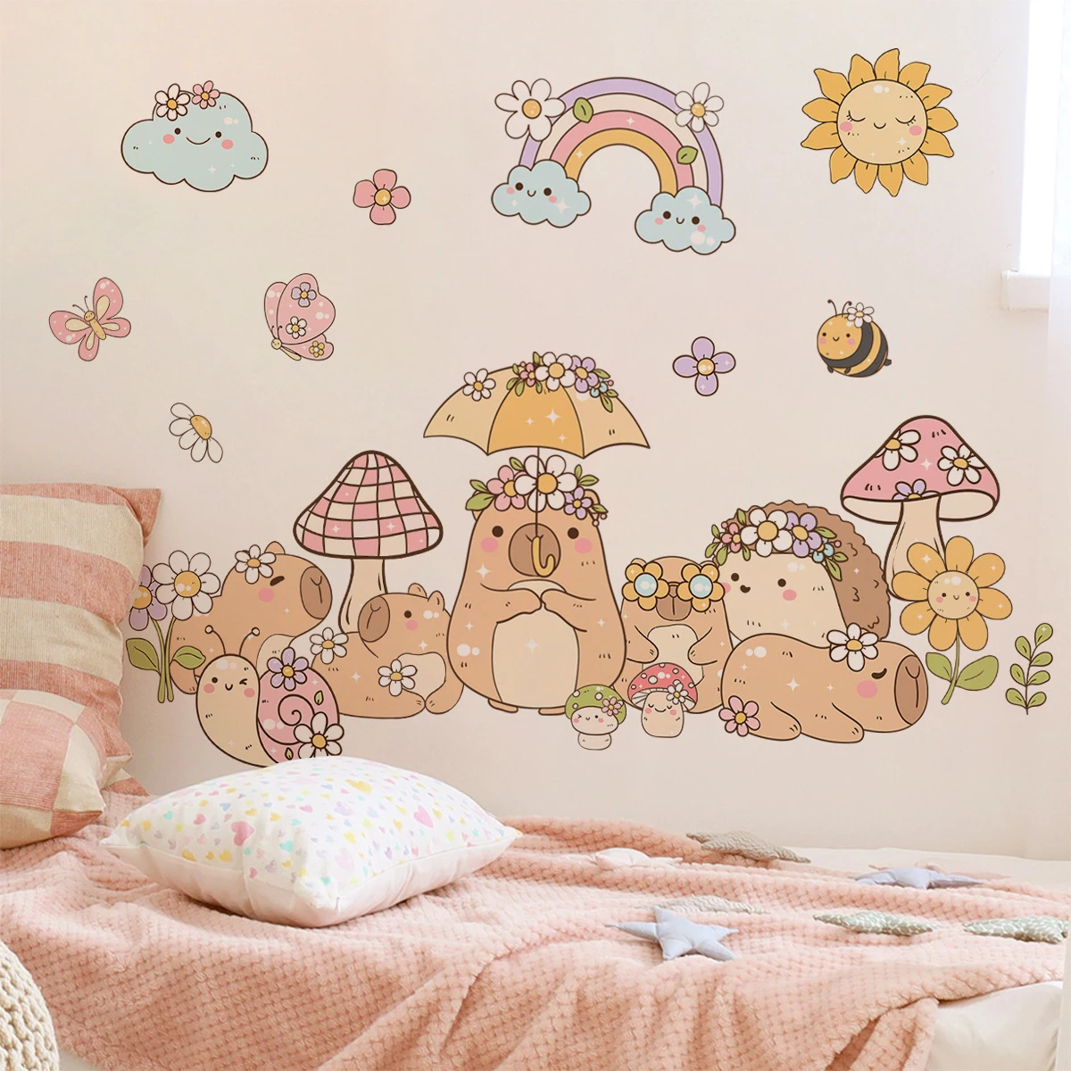 Dibujos animados lindo capibara marrón mariposas Arco Iris acuarela pegatina de pared habitación infantil arte de la pared calcomanía habitación de los niños sala de estar decoración del hogar