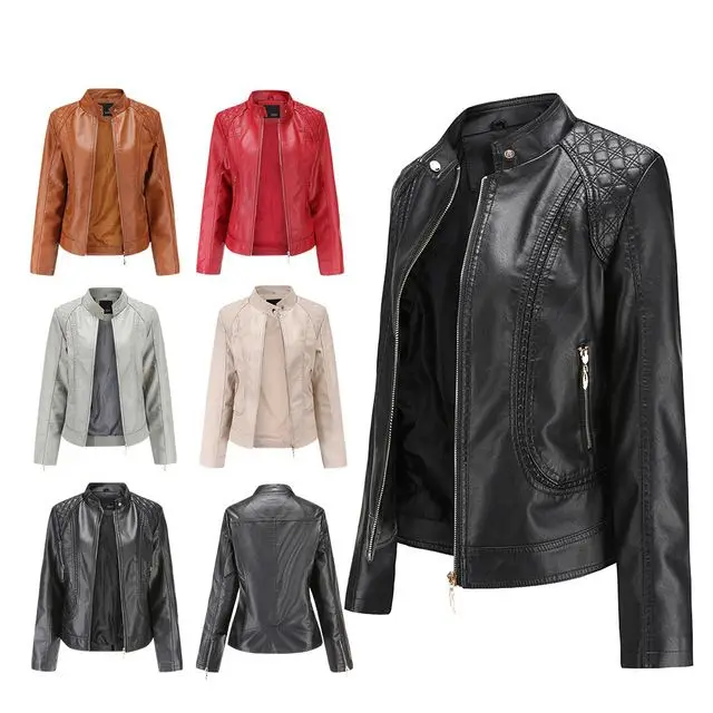 

Autumn Women's Stand Collar Motorcycle Leather Jaet Pu Coats Zipper Closure Long Sve ort Sle Fitted Design