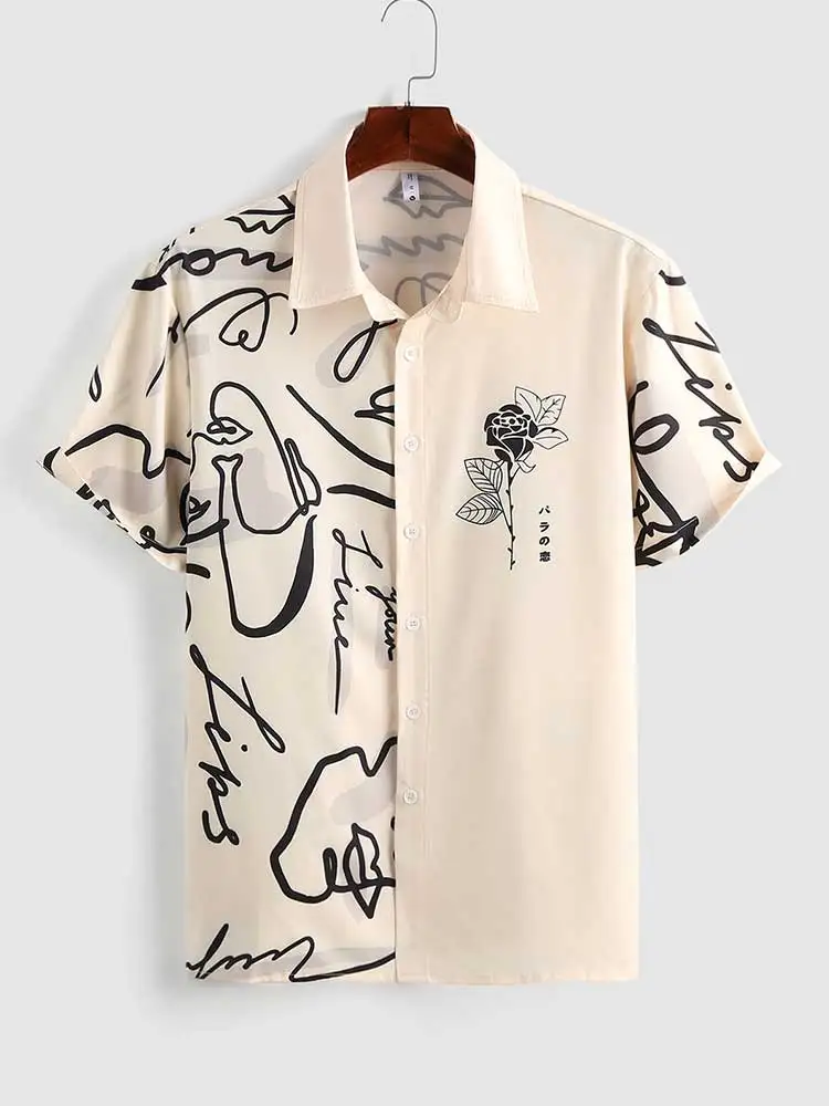 ZAFUL Shirts for Men Graffiti Rose Printed Short Sleeve Turn-down Collar Shirt Summer Casual Streetwear Overshirt Tops Z4956348