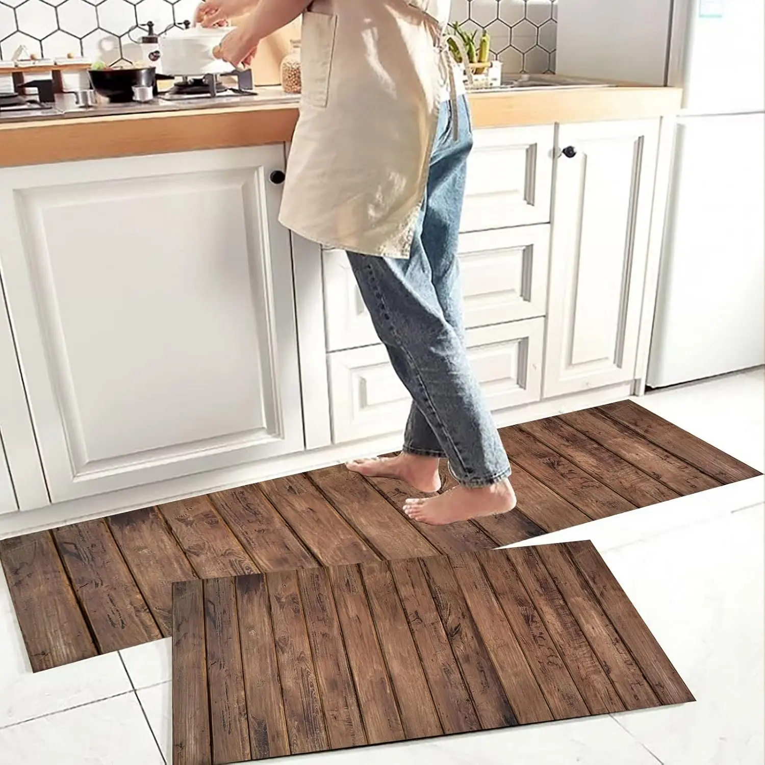 VIKAMA 1/2PCS Vintage Wooden Kitchen Floor Mat Comfort Non-Slip Interior Area Foot Mat Home Decor Laundry Balcony Carpet