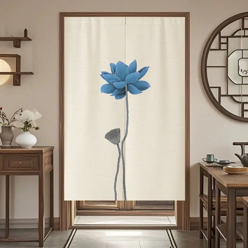 VIKAMA Ink Blue Lotus Single, Noren Door Curtain, 6 Designs, Doorway Decor for Bedroom Living Room Kitchen