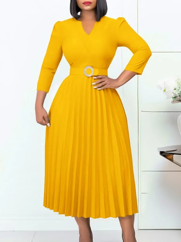 Vestidos africanos para mujer, novedad de Otoño de 2023, vestido plisado elegante a la moda con cuello en V, ropa africana para mujer, vestido Midi de fiesta