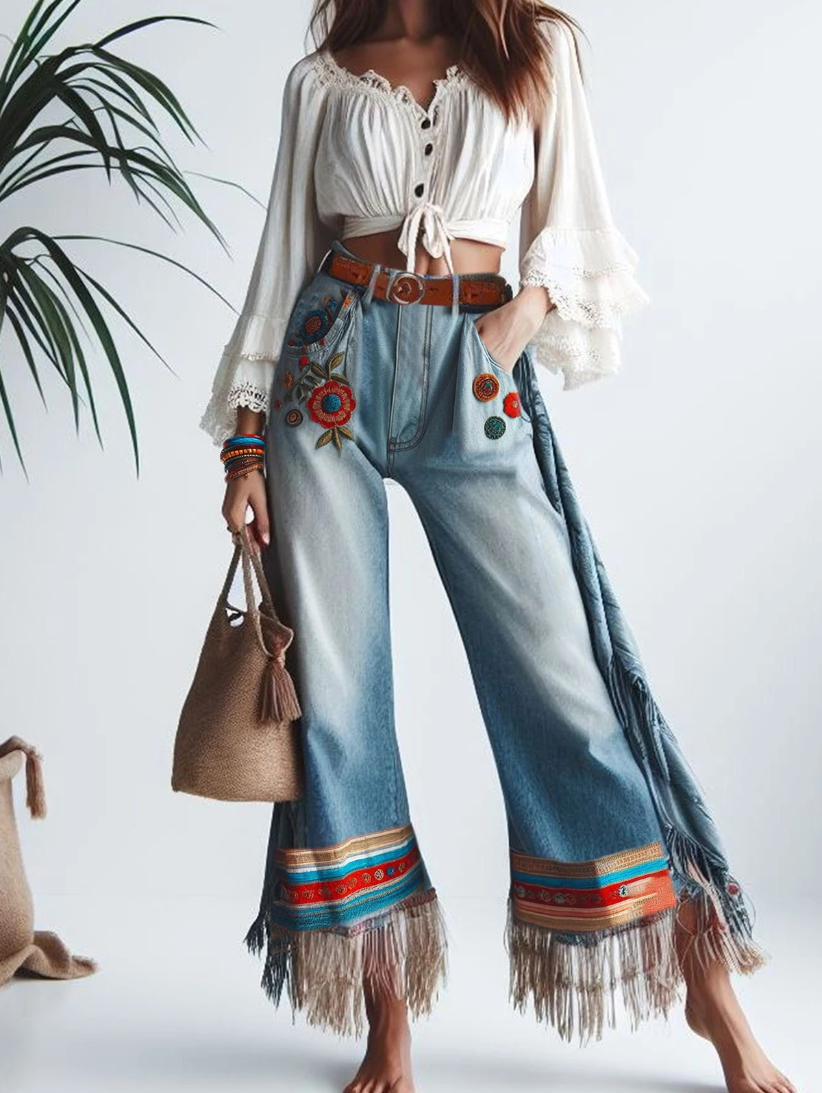 

Women's High Waist Tassel Detail Denim Jeans Floral Embroidery Patchwork Straight Leg Ethnic Casual Vintage Trousers