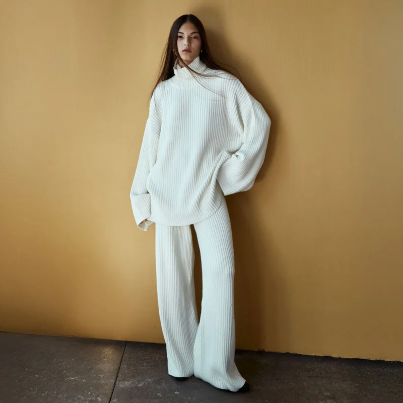 Turtleneck Wide-Leg Pants European and American 2025 Autumn Winter Warm Loose Knitted Sweater Set