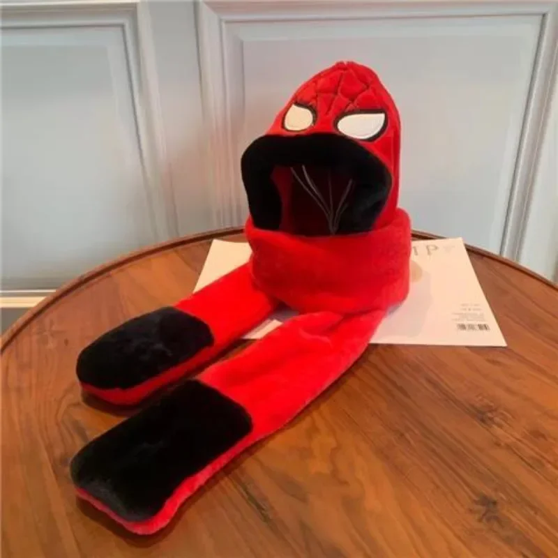 Marvel Spiderman nuevo invierno salir cálido gorro bordado de felpa bufanda integrada y guantes conjunto de tres piezas para hombres y mujeres