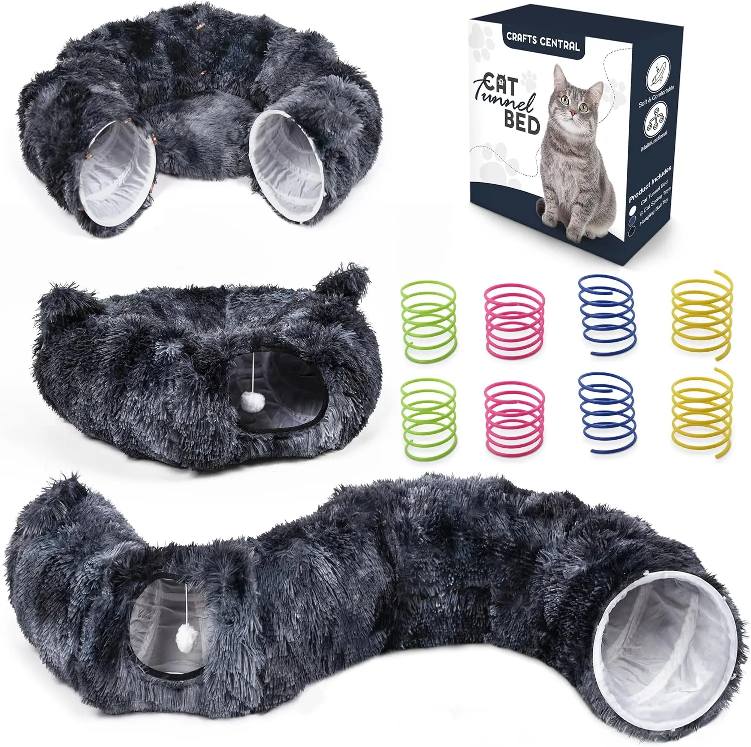 

Cat Tunnel Bed with 8 Spring Toys - Plush Peekaboo Cat Cave - Foldable Kitten Bed Tunnel