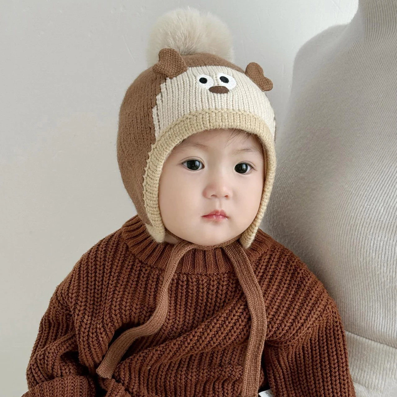 Cute Cartoon Animals Pompom Hat Baby Ear Protection Winter Warm Toddler Knitted Cap Beanies 6-36Month Kids Woolen Crochet Bonnet view 3