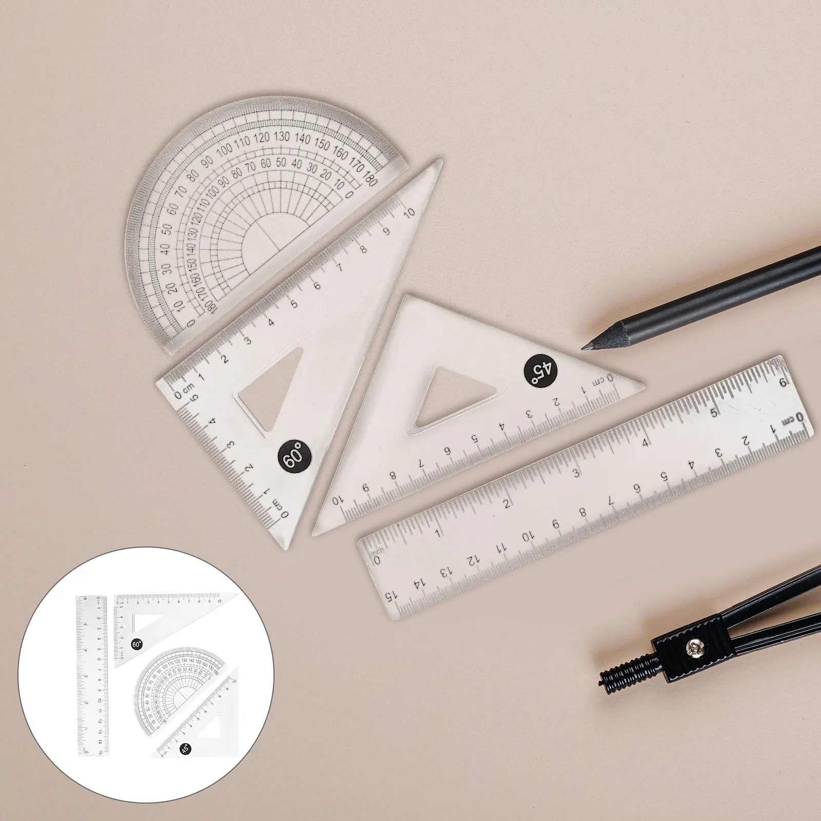 

4 set Drawing Ruler Geometry Tools Measuring Kit Round Engineering Drafting Plastic Protractor Multi-Functional Measuring Tool