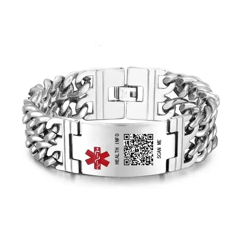 

QR Code Emergency Medical Alarm ID Wristband Double-layer Bracelet Drip Red Oil Stainless Steel Curved Plate Trendy Men Jewelry