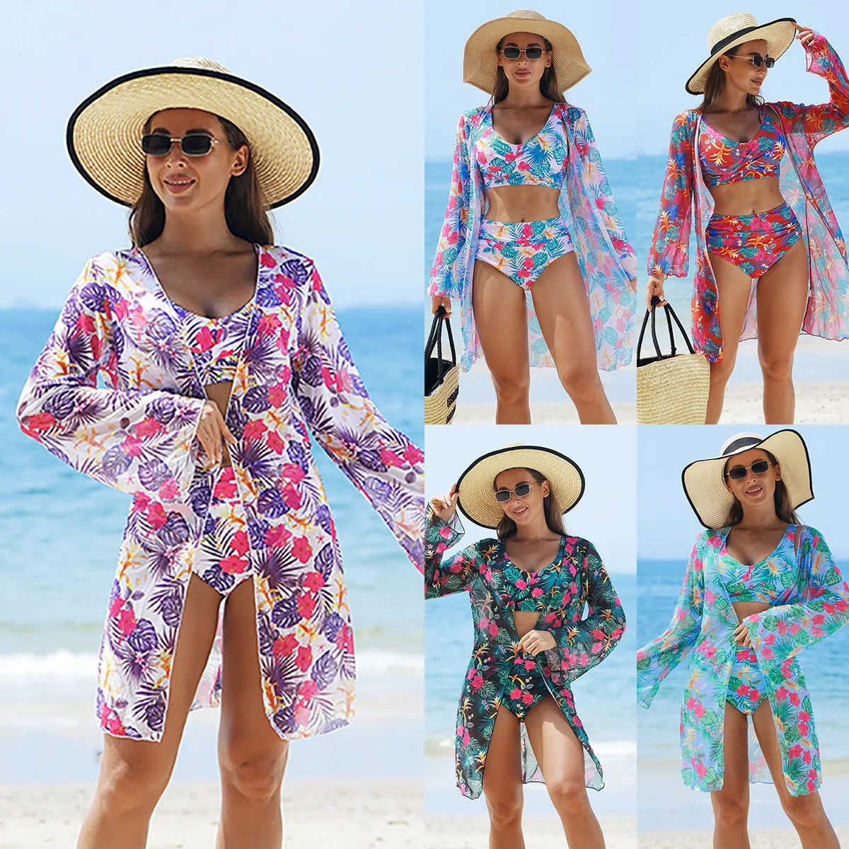 

Women's Fashion Multi-Color Print Bikini Swimwear Set Netted Three-Piece Swimsuit Stylish Beachwear