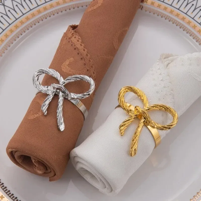 1-12PCS Elegant Wedding Napkin Rings Gold Bow Tie Table Decor for Bride Groom Luxury Banquet Party Favor Dinner Accessories