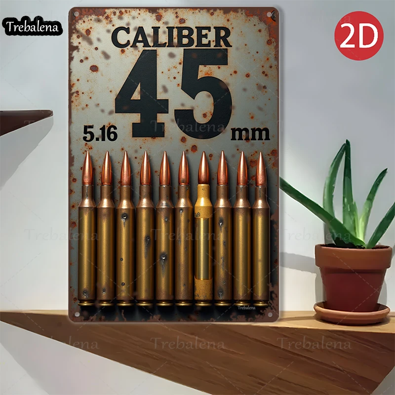 1PC 2D Piatto 8*12 pollici Targa in metallo Calibro vintage 45 Bullet Sign Decorazione in stile retrò