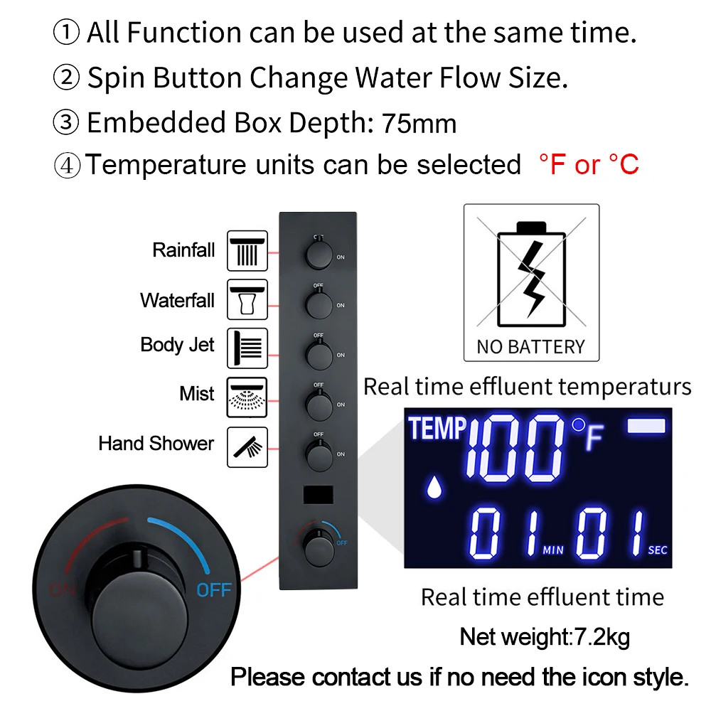 Bathroom Black Shower Sets full System Waterfall Massage ShowerHead Rainfall 20 Inch Shower Panel Bath Hot Cold Concealed Faucet