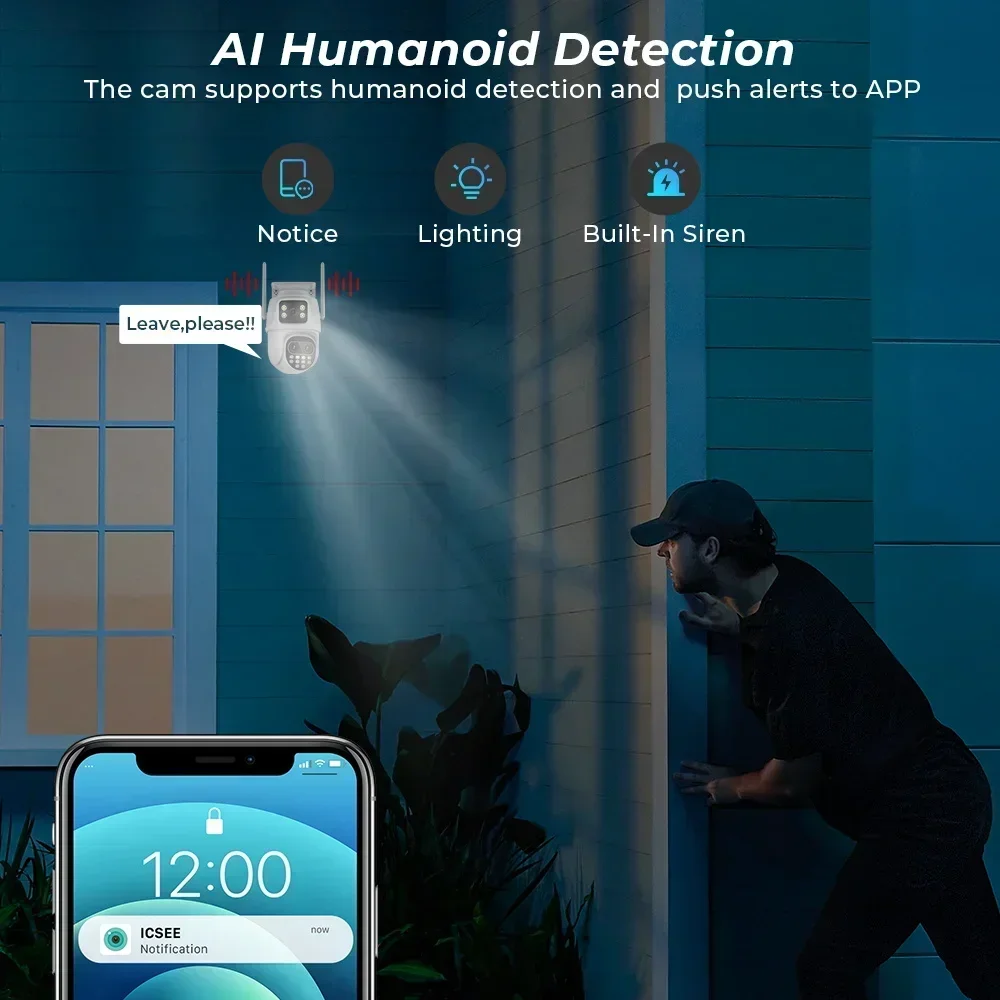 Câmera de Vigilância de Segurança PTZ ao ar livre, Tela Dupla, Lente Dupla, WiFi, Rastreamento Automático AI, Visão Noturna Colorida, Bluetooth, 6MP