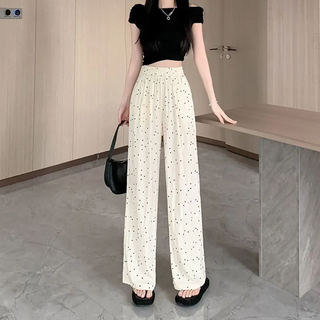 여성용 한국식 폴카 도트 야마모토 팬츠 하이웨이스트 스트레이트 와이드 레그 캐주얼 여름 얇은 아이스 실크 루즈핏 화이트