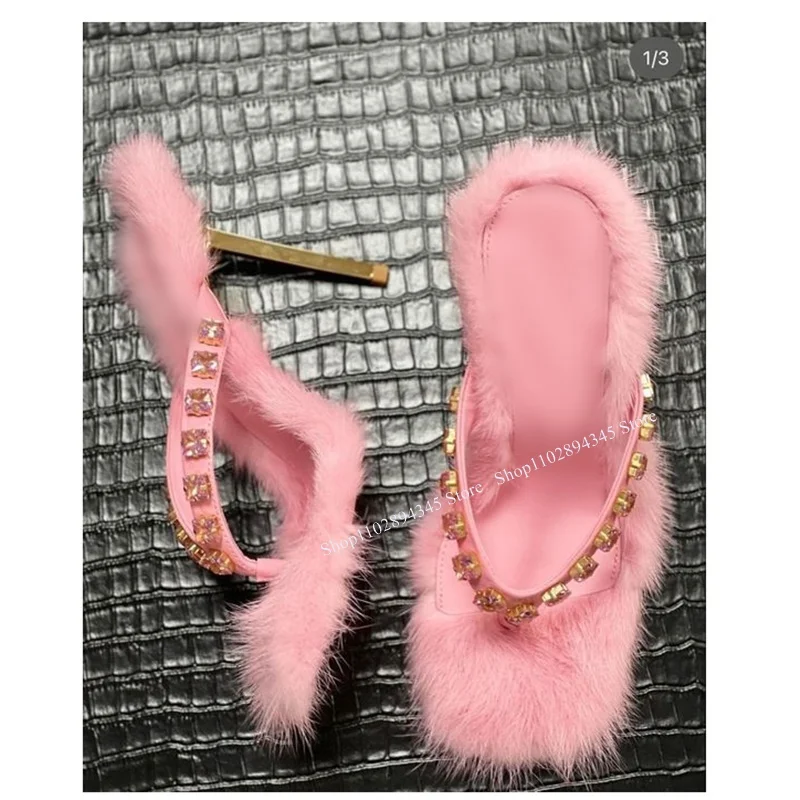 Pink Fur Crystal Slip On Slippers Thin High Heel Square Toe Fashionable Sexy Cool Summer Big Size Woman Shoes Zapatillas Mujer