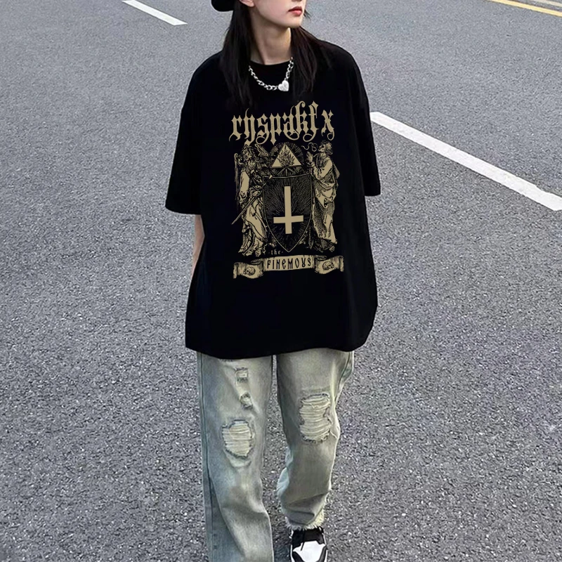 Unisex Cross Portrait Print manga curta Tees, Harajuku, American Vintage, Hip Hop, casual, solto, grandes dimensões, moda, mulheres