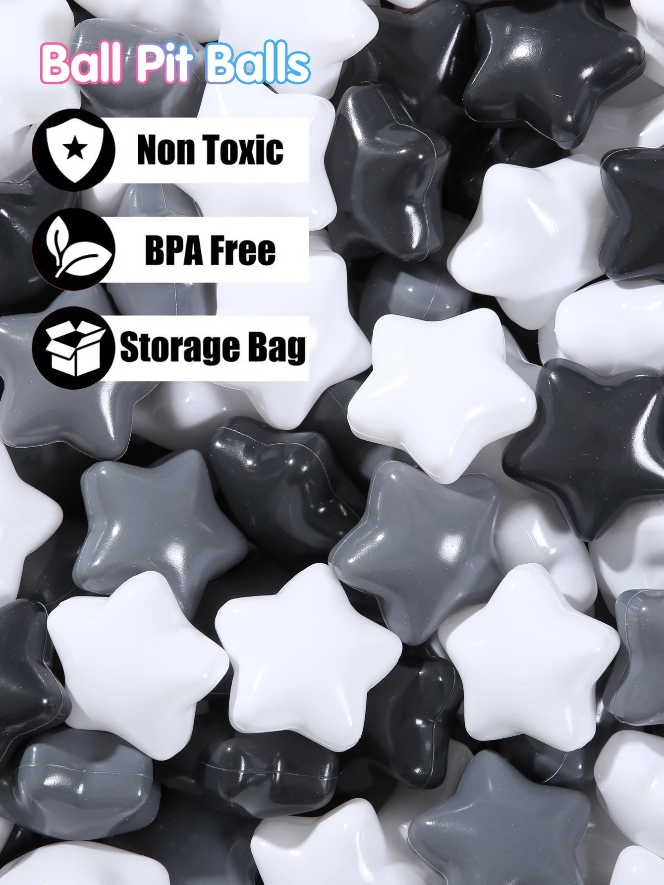 Soft Plastic Ball Pit Balls 2.67inch 150pcs BPA Free Non-Toxic Star Ball 3 Colours Black White and Grey