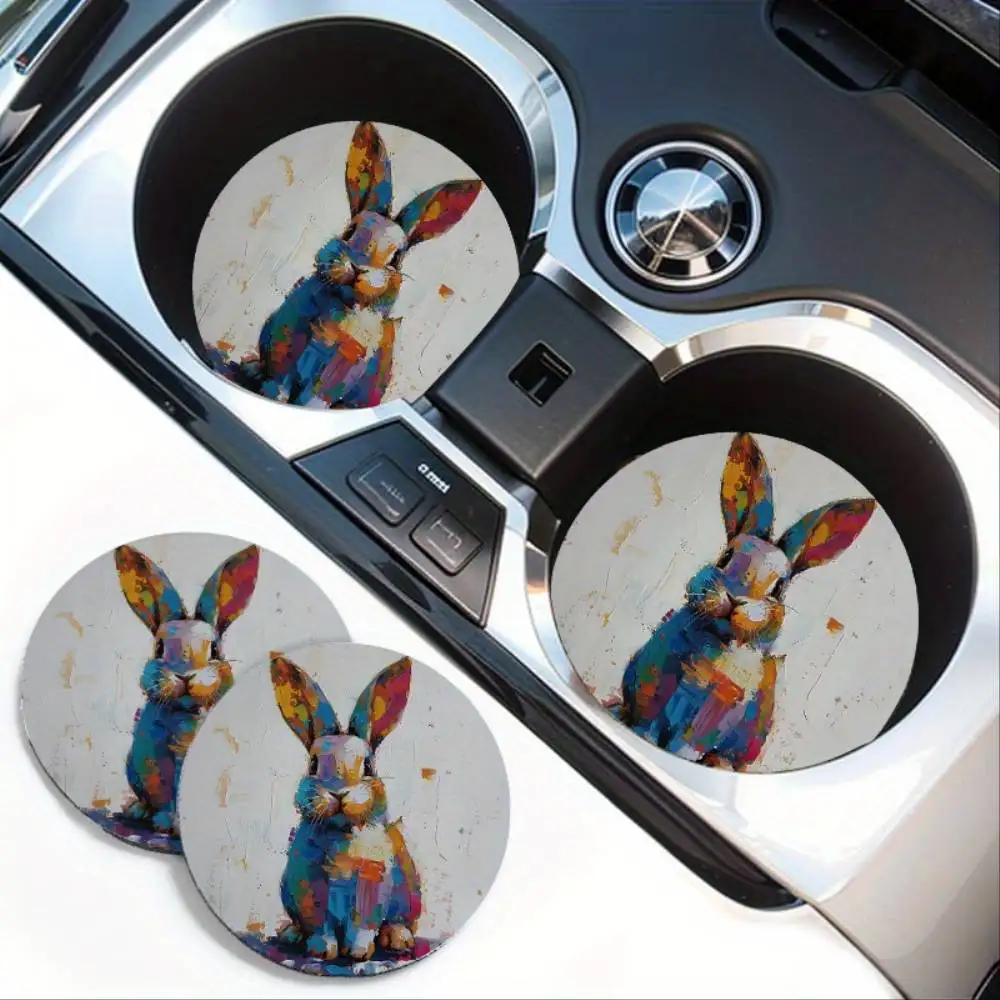 Colorful Rabbit Pattern EVA Car Coasters 2pcs Non-slip Heat Insulation Cup Slot Mats Car Interior Accessories