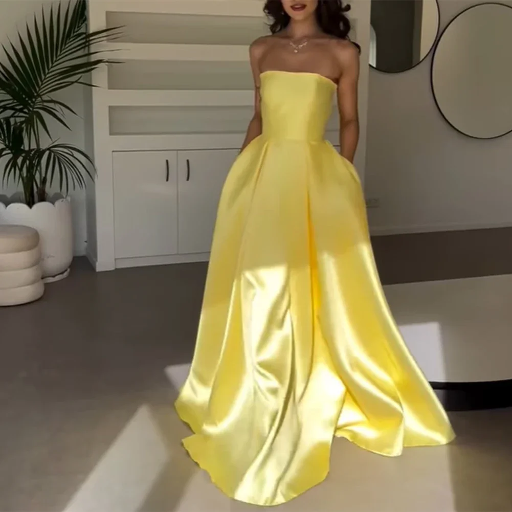 

Romantic Yellow Satin Evening Dresses Long A Line Off Shoulder Вечернее платье Prom Dresses Formal Party Gown with Pockets