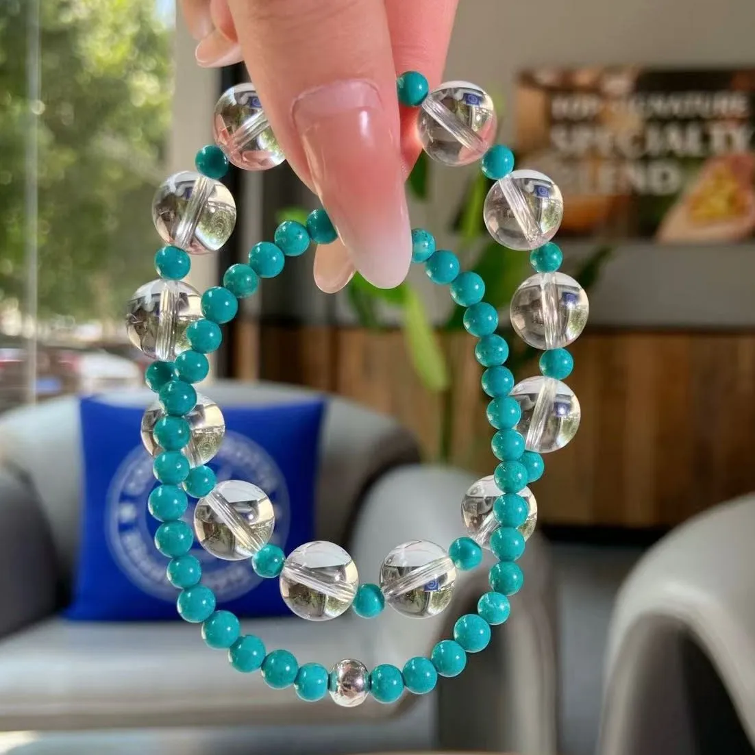 

Natural 11mm White Crystal Bracelet Stacked with 4mm Turquoise Bracelet, Light Luxury Fashion Women's Bracelet.