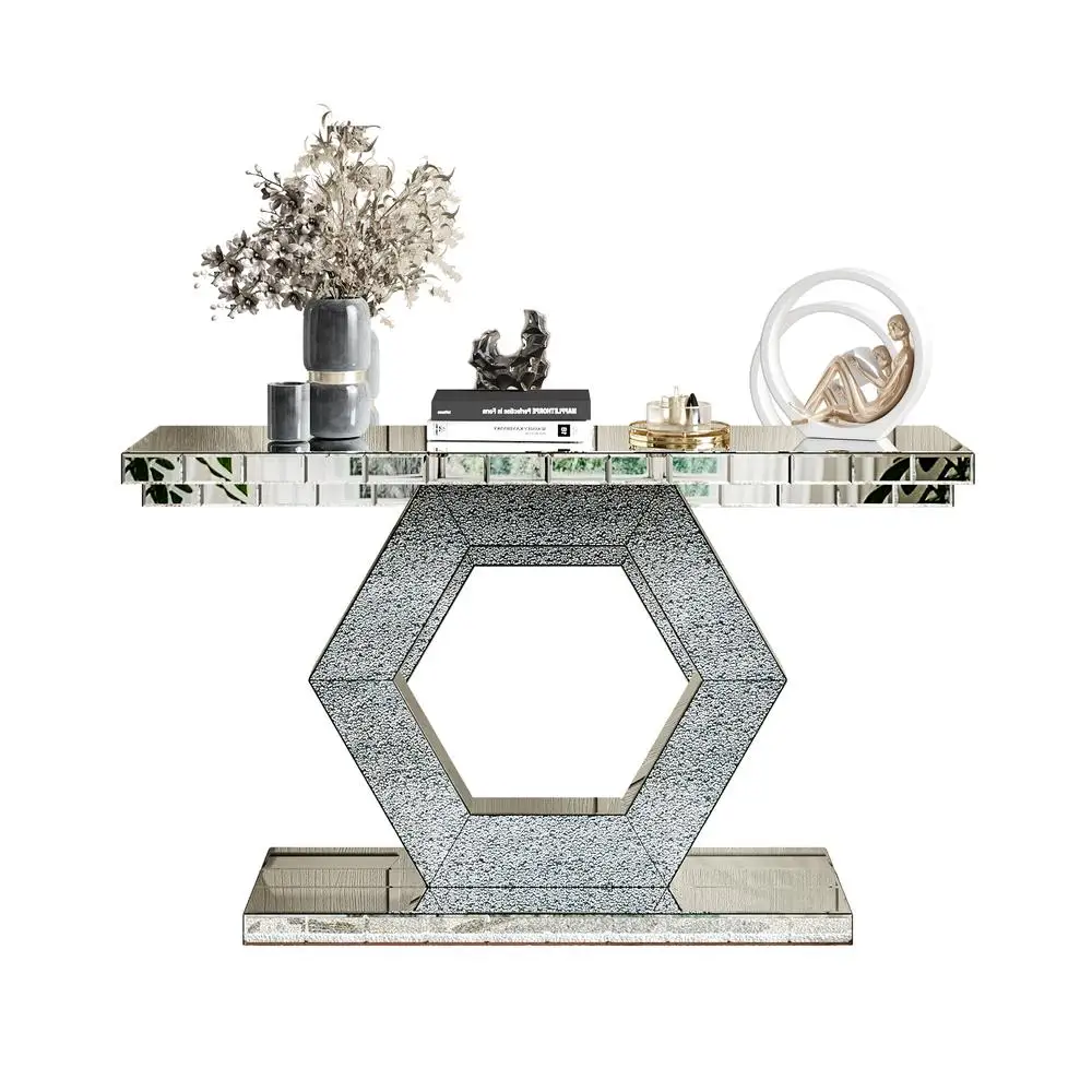 Mesa de console com espelho hexagonal de cristal com camada dupla de 55 polegadas moderna entrada de hall lux diamante vidro espelhado
