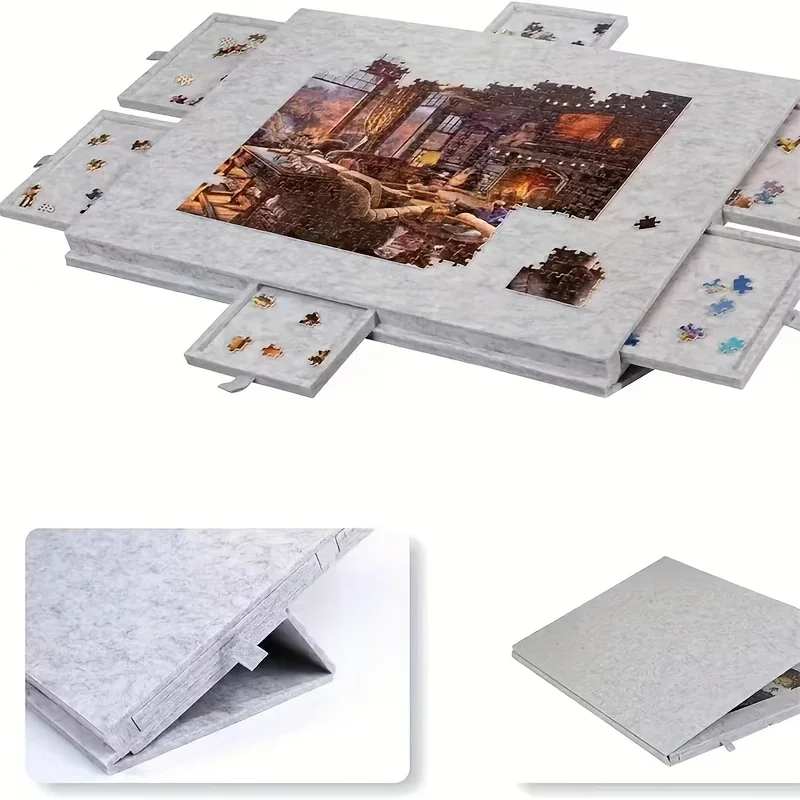 1 set 6-in-1 decoratief puzzelbord - Kantelbaar puzzelbureau met 6 laden, biedt plaats aan 1000 stuks voor woondecoratie en educatieve opslag