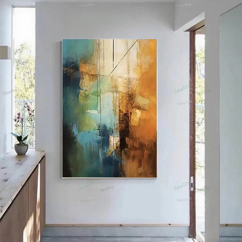 

Gold Abstract Creative Streamlined Pattern Hand-Painted Oil Painting Large Blue Yellow Wall Decor Art Bedroom Pendant Picture
