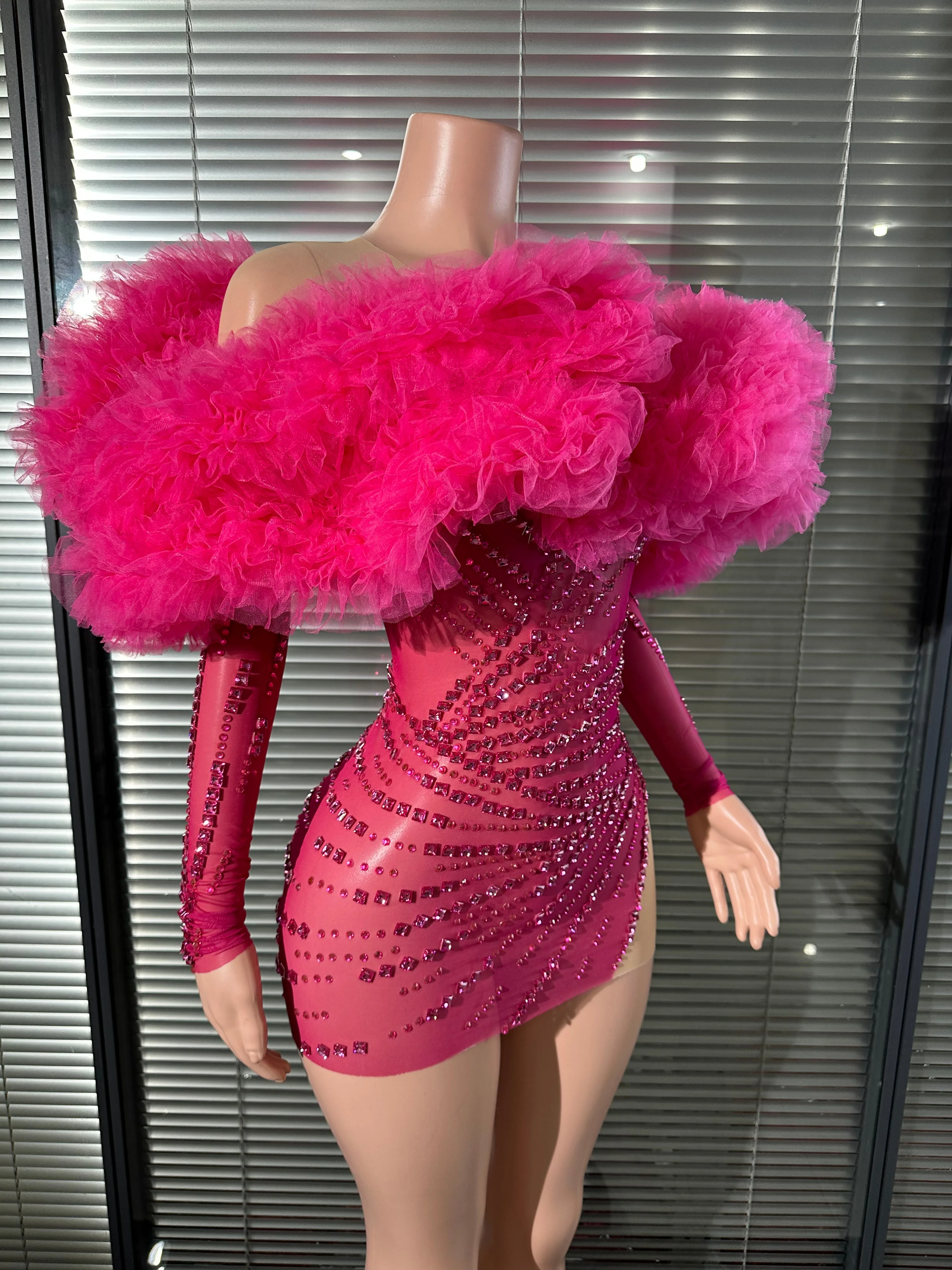 Glamorous Sheer Mesh Rhinestone Mini Dress Women Sexy Tulle Puff Sleeve Bodycon Outfit Wedding Guest Evening Party Costume - view 6