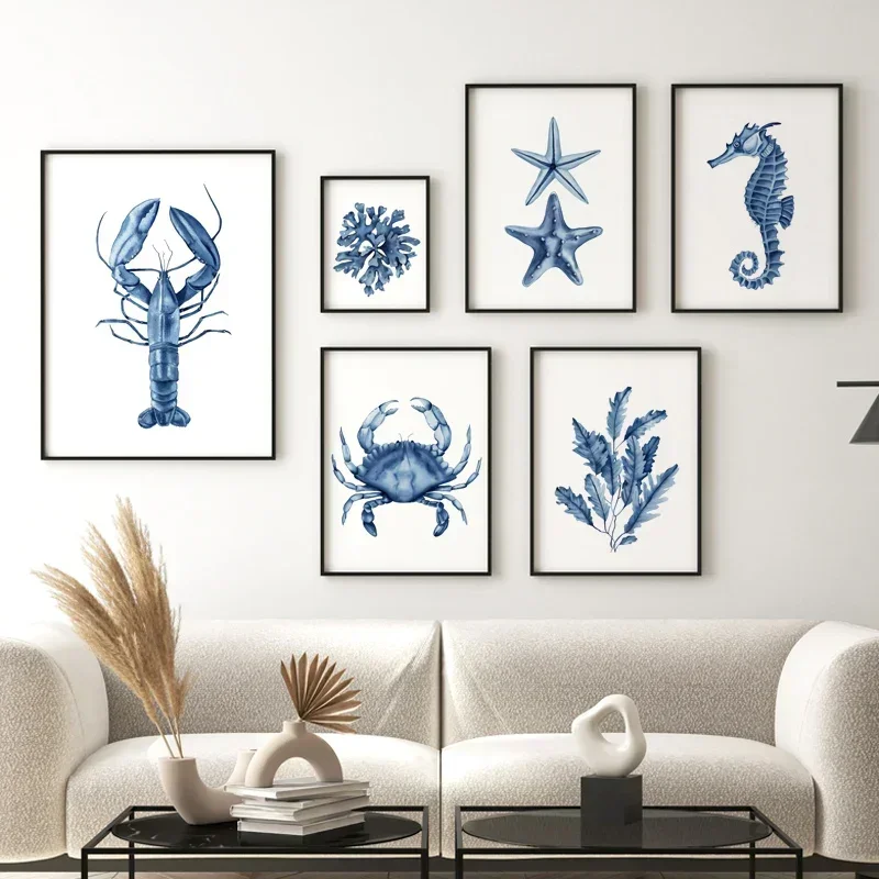 1PC Frameless  Coastal Sea Life Wall Art Coral Seahorse Lobster Crab Canvas Prints  Beach House Nautical Decor  Simple Marine Po