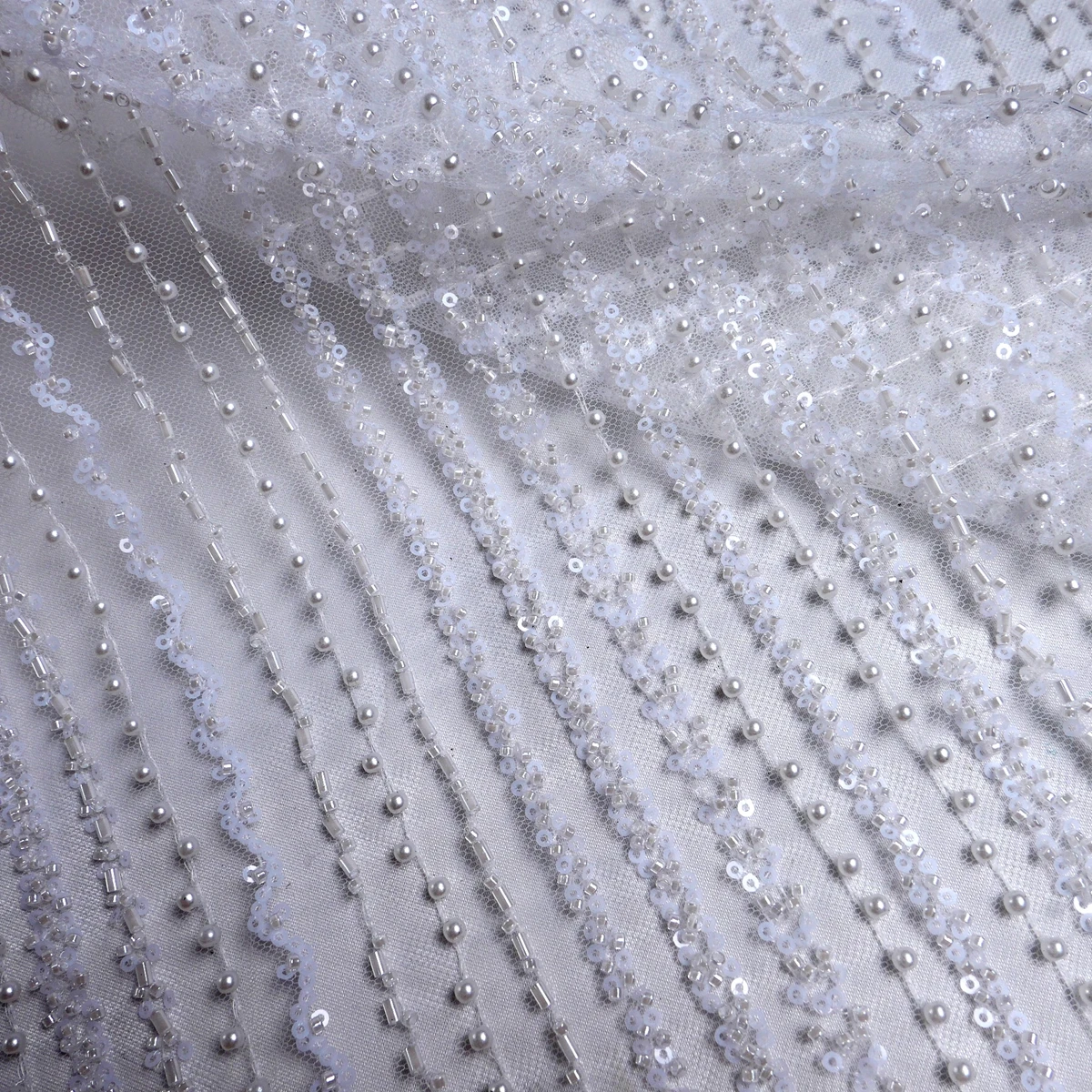 Fashion bridal lace,straight lines lace fabric White beaded wedding dress fabrics for sewing 51\'\' width 1 yard