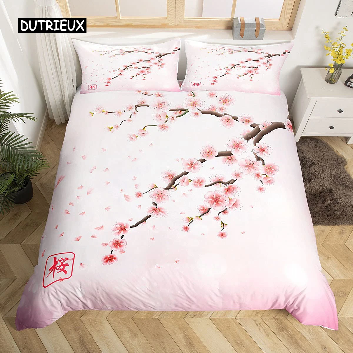 Cherry Blossoms Duvet Cover Set King Japanese Style Romantic Theme Pink Comforter Cover Set Botanical Floral Printed Quilt Cover