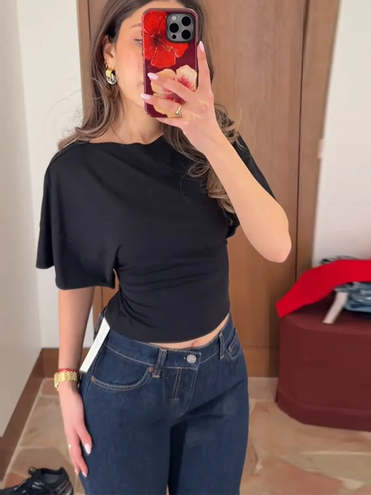 

Модная женская укороченная блузка с коротким рукавом и шнуровкой, стильный облегающий топ в горошек для женщин, новинка лета 2026, для отпуска, уличный стиль