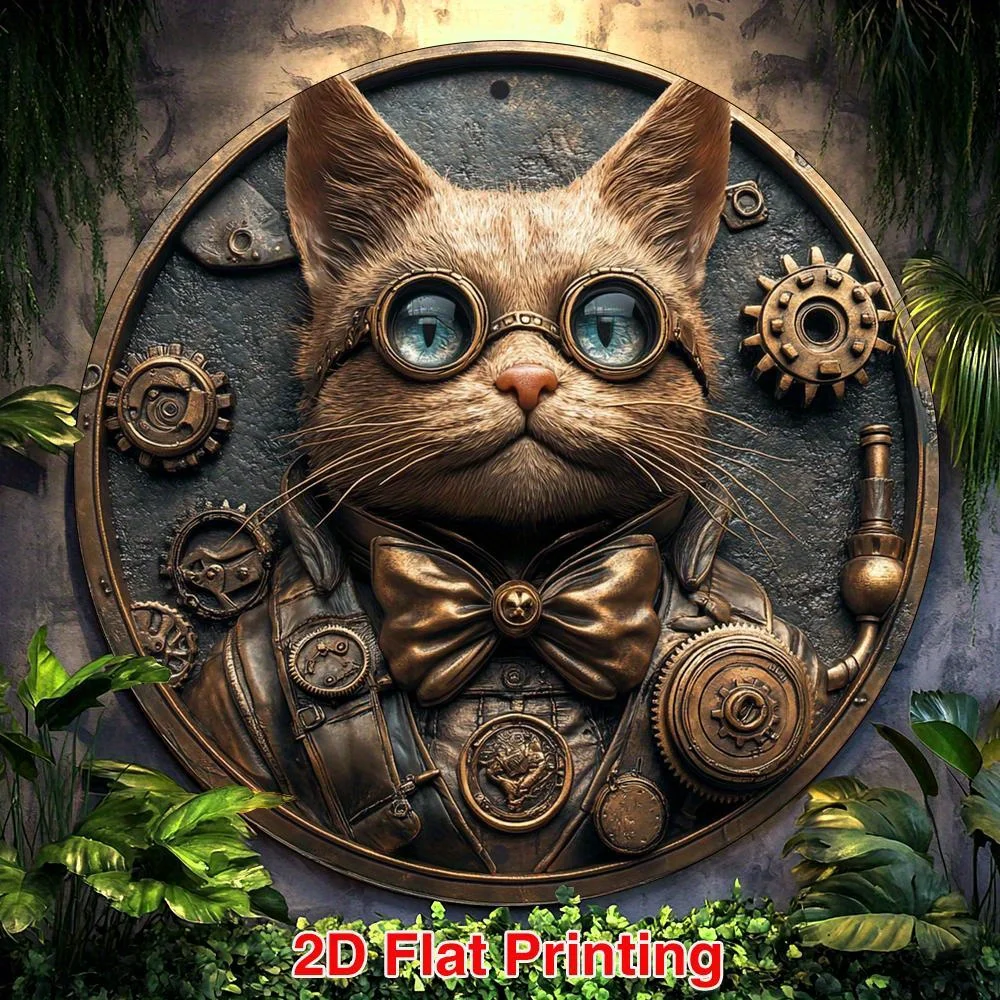 Steampunk Cat Metal Wall Art - Vintage Industrial Decor, Aluminum Sign, 20x20cm Cafe Office Gift