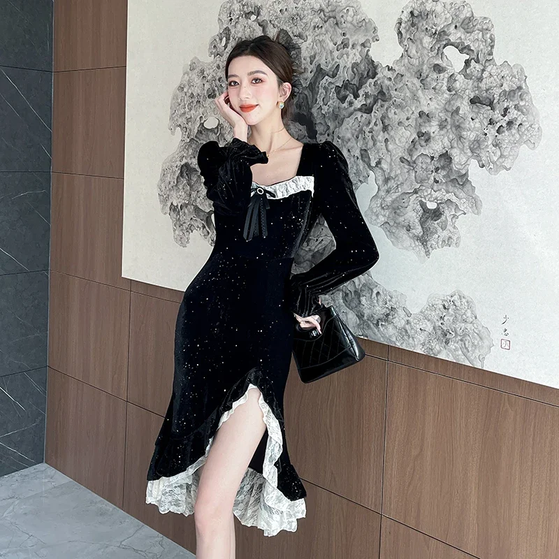 Ofallsis French Hepburn Style Lace Trimmed Black Velvet Dress 2024 Autumn Winter High end Temperament Irregular Evening Dresses