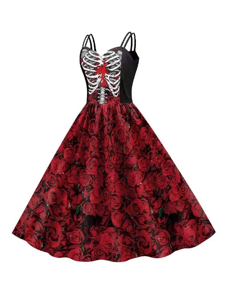 Damen Halloween Ärmelloses Swing-Kleid Skelett-Rippenkasten Rote Rosen-Druck Spaghetti-Träger Midikleid Gothic Party Cosplay Outfit – Detail 3