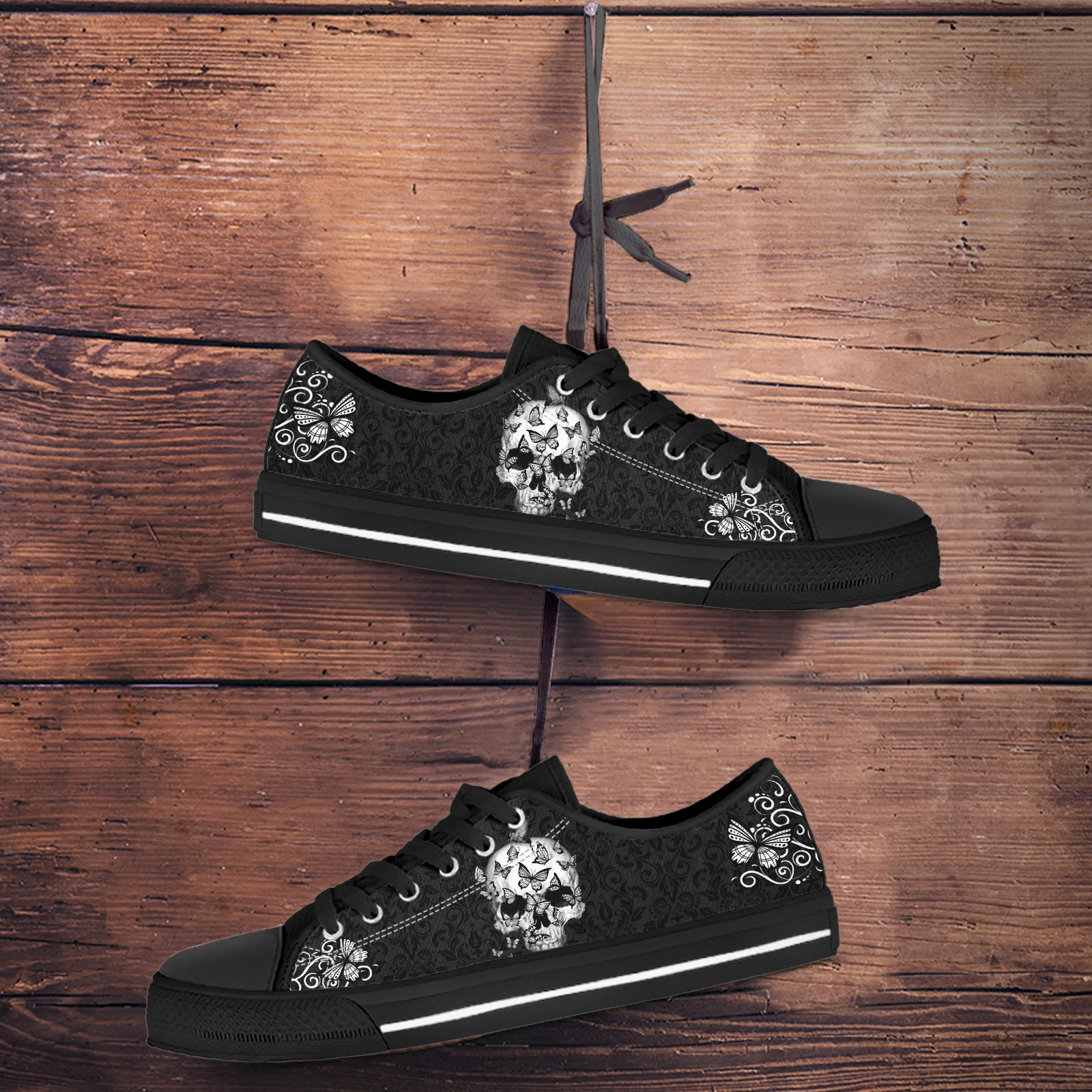 ELVISWORDS Black Gothic Skull Design Brand Canvas Shoes Butterfly Skull Print Lace-Up Flats Skull Casual Sneakers Chaussure