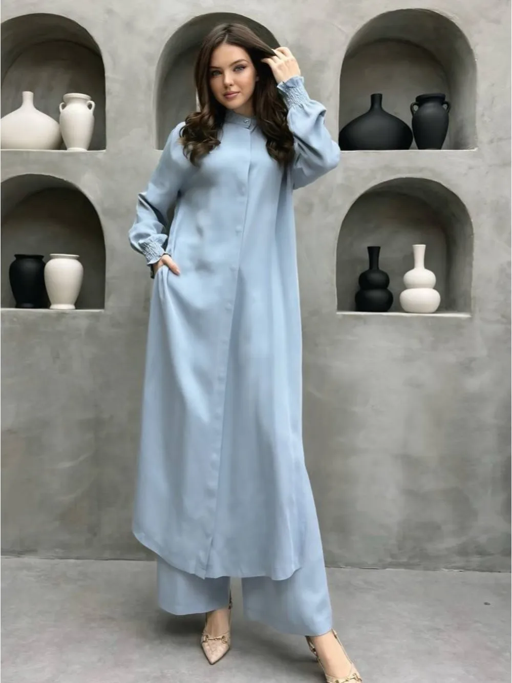

Eid Muslim Sets Women Single Breasted Long Blouses Wide Leg Pants Set Two Piece Musulman Ensemble Dubai Arabic Casual Ramadan