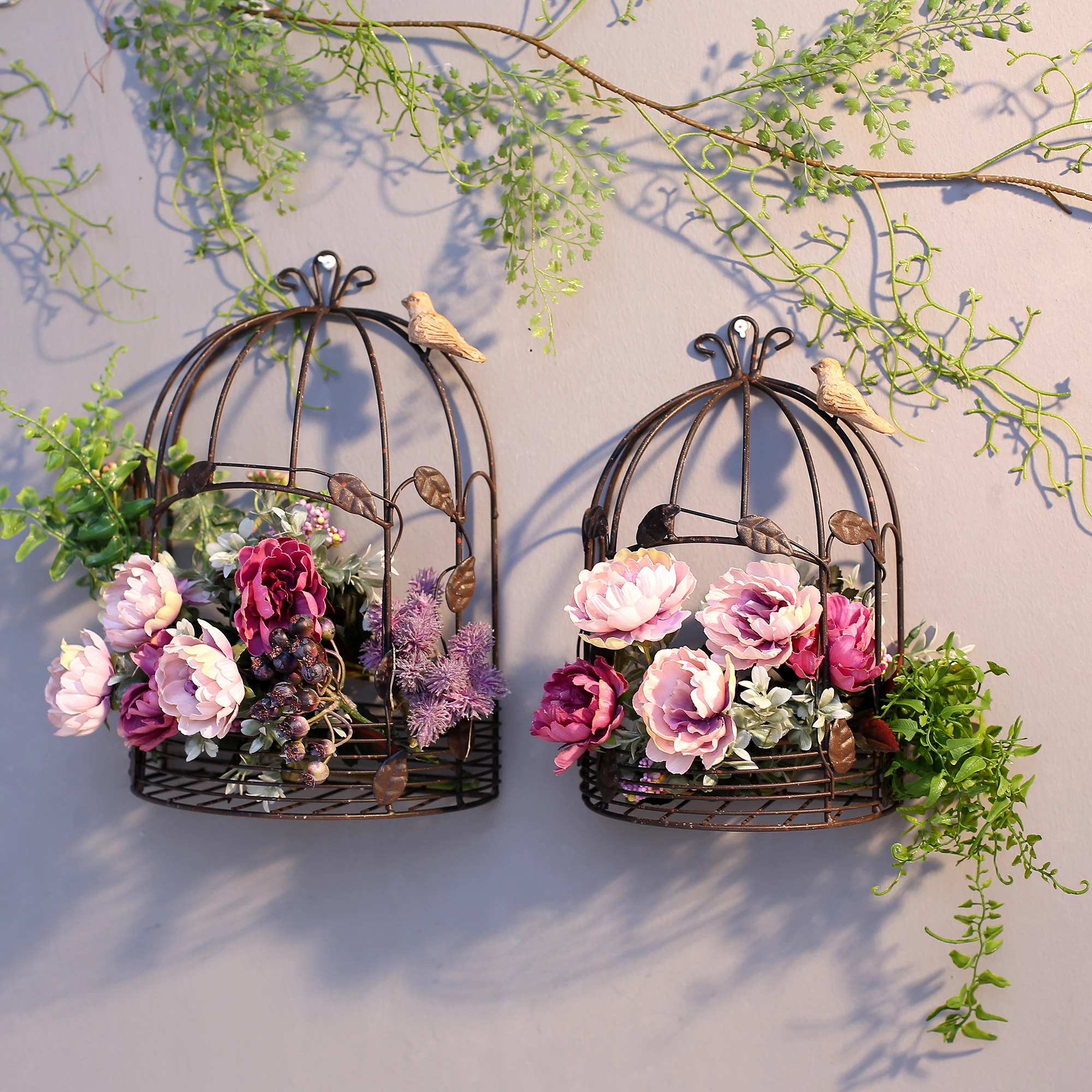Bird Cage Metal Ironwork Wall Hanging Flower Basket Villa Courtyard Garden Corridor Flower Pot Retro Style Make Old Decorate
