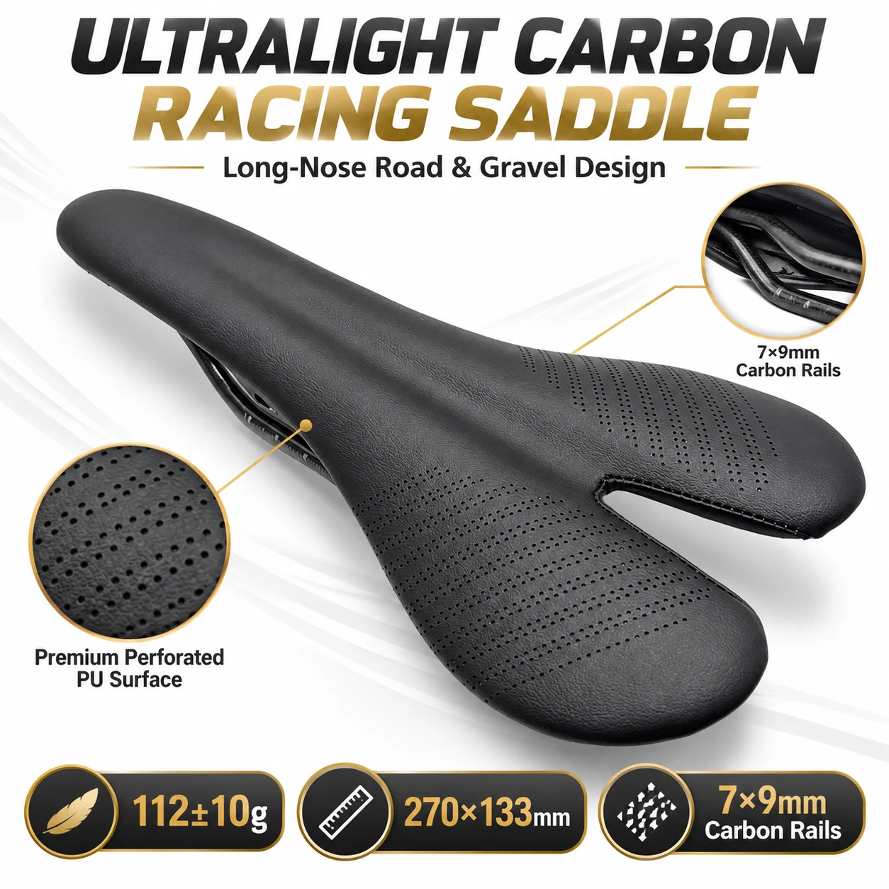 Ultralight T800 Carbon Fiber Bike Saddle 112g Long Nose Split Tail Road Gravel Bicycle Seat Perforated PU 7x9mm Rails
